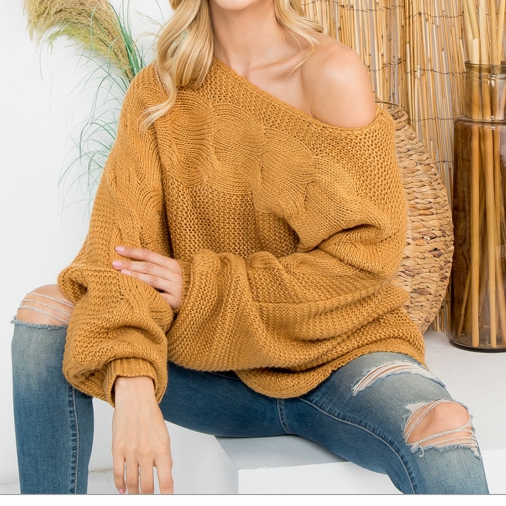 Mustard Cable Knit Off-Shoulder Sweater